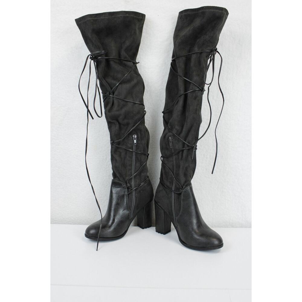 Leila Stone Rayne Suede Lace Up Zip Tall Boots Women 6 Block Heel 3.5" Dark Gray - Picture 3 of 15